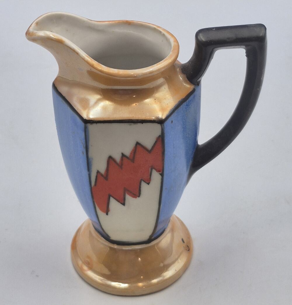 1930s Art Deco Lusterware Ceramic Creamer Japan 5" Tall Gold Blue Red